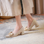 Thick heel pointed toe single shoes female 2022 new fairy girl bow 5CM high heels large size party shoes 368-3