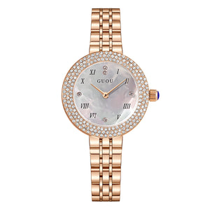 GUOU watch female simple fashion temperament diamond round waterproof quartz watch leather niche ladies watch 8226