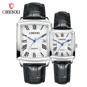 CHENXI Casual Couple Watch Morning Calendar Quartz Watch 079a Square Men and women Watch CX-079A Leather