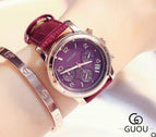 Fashion GUOU Brand Real 3 Eyes Work Rose Gold Luxury Genuine Leather Strap Waterproof Quartz Women Casual Girl Gift Wristwatches