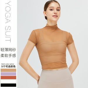 New Retro Yoga Blouse T-shirt Women's Turtleneck Quick-Drying Sports Yoga Jacket Mesh Breathable Sun-Proof Yoga Clothes