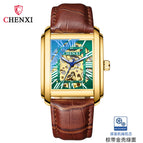 CHENXI Square Skeleton Automatic Mechanical Watch Men's fashion Leather Waterproof men's casual Watch CX-8816
