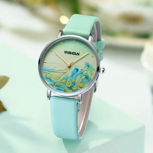 2021 new women's watch retro fashion landscape painting national wind trend small dial ladies watch waterproof two-color belt ladies watch