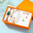 Women square quartz watch peacock stone retro leather mesh lady watch small green watch set 010t