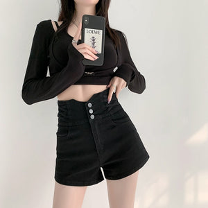 JEANS washed retro denim shorts women's 2022 new Korean version of the ultra-high waist thin niche a-line hot pants 228