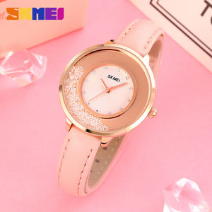 SKMEI women's watch fashion rotatable rhinestone lady student watch casual all-match thin leather ladies quartz watch