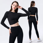 2022 new yoga suits long sleeve gym running sports sweat-absorbent quick-drying navel slim T-shirt trousers set 8074-6031