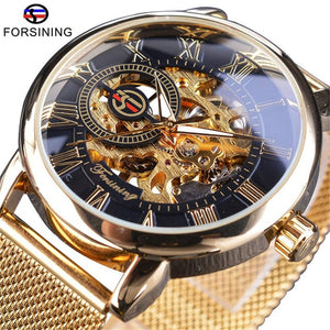 Forsining Watch Men's Fashion Casual Mesh Belt Hollow Gold Manual Mechanical men business Watch SLZe92
