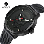 WWOOR Fashion Skull Men's Mesh Quartz Watch Black Solid Steel Creative Casual Watch 8867