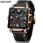 MEGIR 2061 Luxury Brand New Design Square Rose Gold Watches Men Quartz Leather Band Casual Sport Wristwatch men's watch