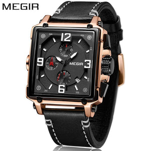 MEGIR 2061 Luxury Brand New Design Square Rose Gold Watches Men Quartz Leather Band Casual Sport Wristwatch men's watch