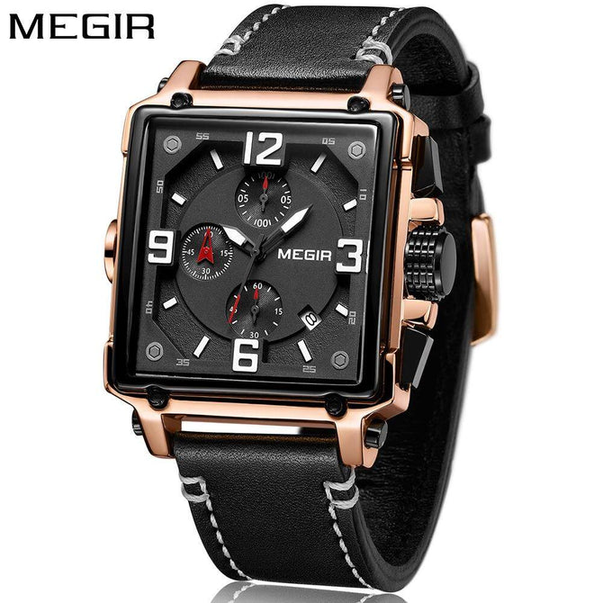 MEGIR 2061 Luxury Brand New Design Square Rose Gold Watches Men Quartz Leather Band Casual Sport Wristwatch men's watch