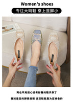 2022 Summer New Temperament Square Buckle Snowflake Rhinestone Pressed Satin Shallow Mouth Square Toe Metal Single Shoe Flat Shoes 555-12