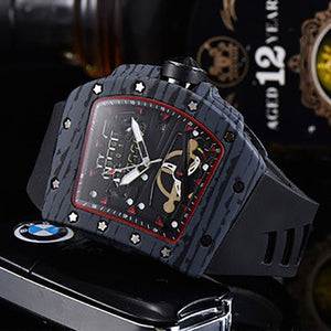 Watch for men Richard Fashion Casual Ghost Head Wood Grain Watch Hollow Carbon Fiber Silicone Quartz Men's Watch 8102