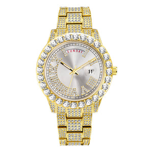 MISSFOX Watch for men fashion full diamond hip hop diamond week calendar men's quartz watch V332A