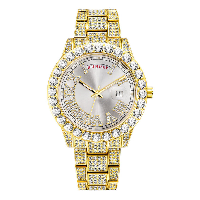 MISSFOX Watch for men fashion full diamond hip hop diamond week calendar men's quartz watch V332A