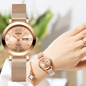 Korean Fashion Mesh Belt Fully Automatic Non Mechanical Women's Watch Luminous Waterproof Double Calendar Female Student Steel Band Watch for women