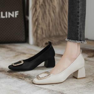 Square toe shoes women's 2022 new metal shoes casual soft shallow mouth women's thick heel Korean version 616-2