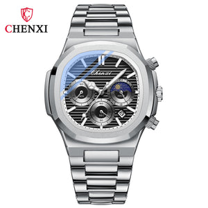 Chenxi Multi-Functional True Three Eyes Six-Pin Men's Watch Calendar Moon Phase Timing Octagonal Live Quartz men Watch CX-922