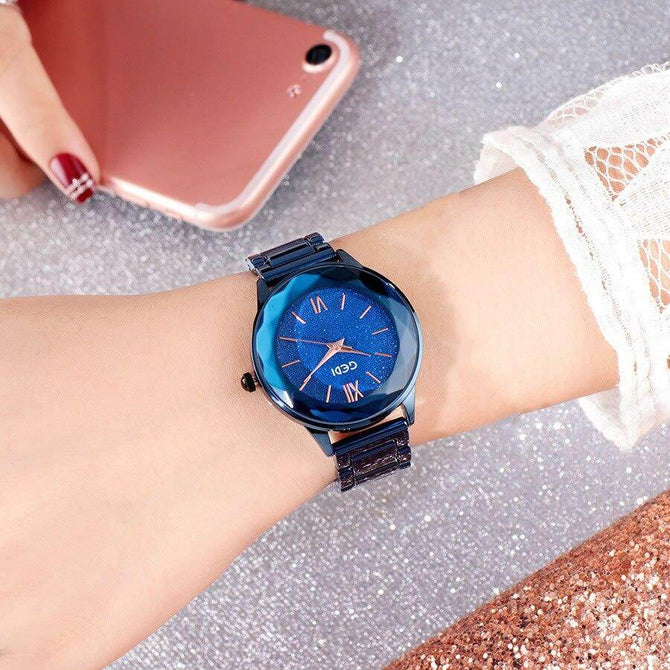 GEDI 81006 Fashion Casual Watch Korean Starry Sky Women Elegant Luxury Stainless Steel Waterproof Ladies Dress Analog Quartz Wristwatch
