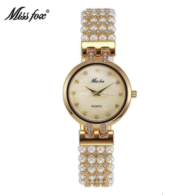 MISSFOX Fashion Women's Analog Watch Gold Pearl Diamond Waterproof Quartz Watch 2170