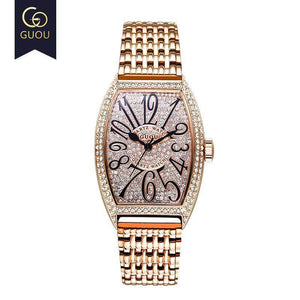 Guou 8200 Fashion Top Brand Luxury Man Watch Rose Gold Quartz Full Rhinestone Barrel Casual Genuine leather & Steel Watches