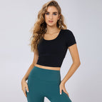 New summer fitness dress women tight sexy back yoga short sleeves with chest pad gym professional training top 8225