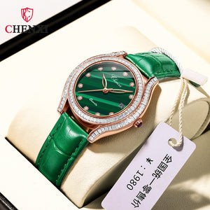CHENXI new fashion inlaid drilled amethyst ladies watch leather waterproof small green watch quartz watch CX-320
