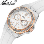MISSFOX Watch Silicone Korean Version Versatile Diamond Fashion Three Eyes Quartz Ladies Watch 2593