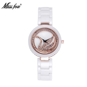 Missfox fashion high-end ceramic watch diamond swan ultra-thin girls Korean casual waterproof women's watch T003