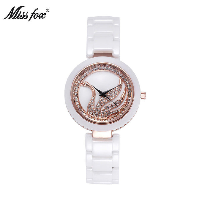 Missfox fashion high-end ceramic watch diamond swan ultra-thin girls Korean casual waterproof women's watch T003