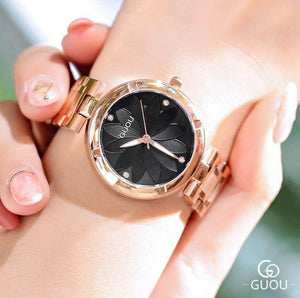 GUOU 6006 Women Watches New Fanshion Ladies Watch Emboss Flower Watch Stainless Steel Auto Date Watch Clock
