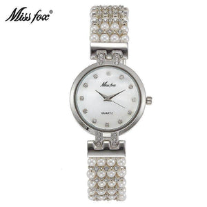 MISSFOX Fashion Women's Analog Watch Gold Pearl Diamond Waterproof Quartz Watch 2170
