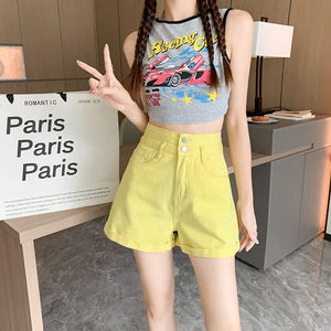JEANS color denim shorts women's 2022 new high-waisted slim A-word loose double-button shorts 055