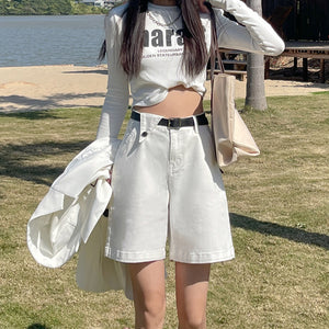 JEANS white denim women's 2022 summer Korean version of the new high-waisted thin loose wide-leg denim shorts