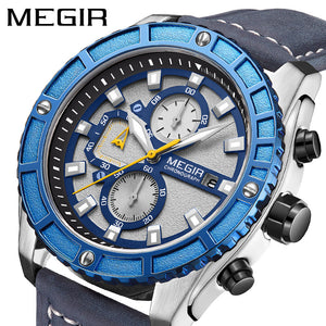Megir Men's Watch Fashion Blue Timing Stereo Plate Leather Sports men calendar waterproof Watch 2119