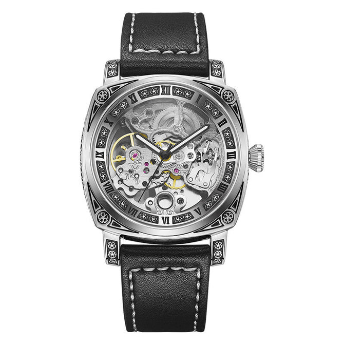 KUERST 3D Carved Hollow Fully Automatic Mechanical Men's Watch fashion leather causal watch men KR8020