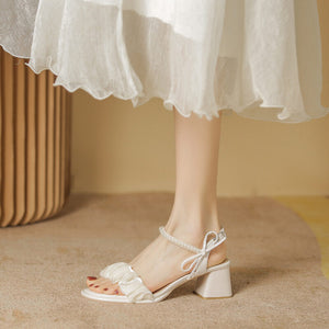 Chunky heel sandals women's 2022 summer new fairy wind bow pleated pearl word buckle high-heeled sandals women ZR1138-1