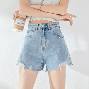 JEANS white ripped denim shorts women's 2022 summer new high-waisted thin A-line wide-leg hot pants JC3023