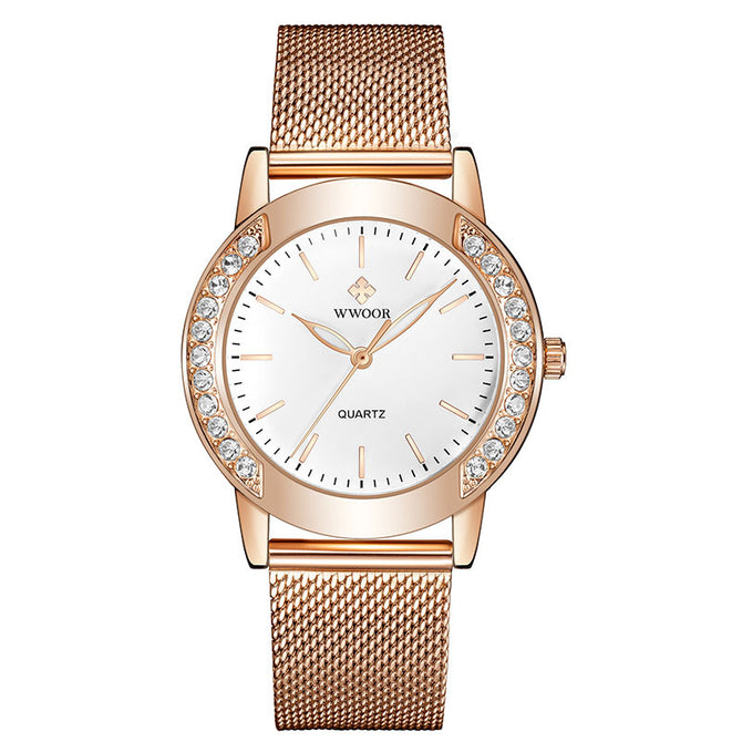 WWOOR 8877 New Diamond Women's Watch Mesh Belt Quartz Waterproof Casual Watch 8877