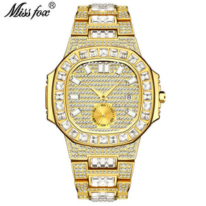 MISSFOX fashion punk hip hop full diamond men's watch gold waterproof calendar quartz watch tide V299