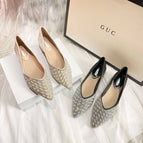 High heels all-match summer 2022 new women's shoes French sequins rhinestone pointed toe thick heel shoes large size women's shoes 43 M9