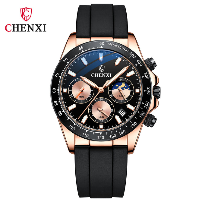 Chenxi 2022 Silicone Band Watch Men's Multifunctional Three Eyes Six Hands Moon Phase Chronograph Watch CX-958
