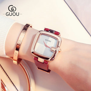 [Large Stock] GUOU 8190 Square Fashion Luxury Ladies Bracelet Waterproof Watch Leather Strap women's Watches