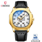 CHENXI new leather high-end square mechanical watch men's waterproof luminous automatic hollow mechanical watch CX-8813