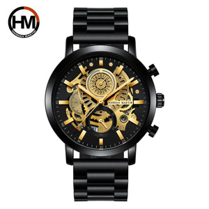 Men's Multi-Function Calendar Watch Hollow out Student Black Gold Business Waterproof Trend Steel Watch