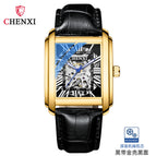 CHENXI Square Skeleton Automatic Mechanical Watch Men's fashion Leather Waterproof men's casual Watch CX-8816