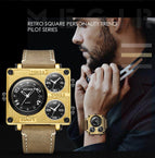 Megir Men's Watch Retro Fashion Square Multi Time Zone Watch Sports Watch 2069