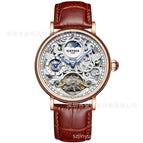 KINYUED New Dual Time Zone Skeleton Luminous Automatic Mechanical Watch Men's Fashion Business Belt Mechanical Watch J078