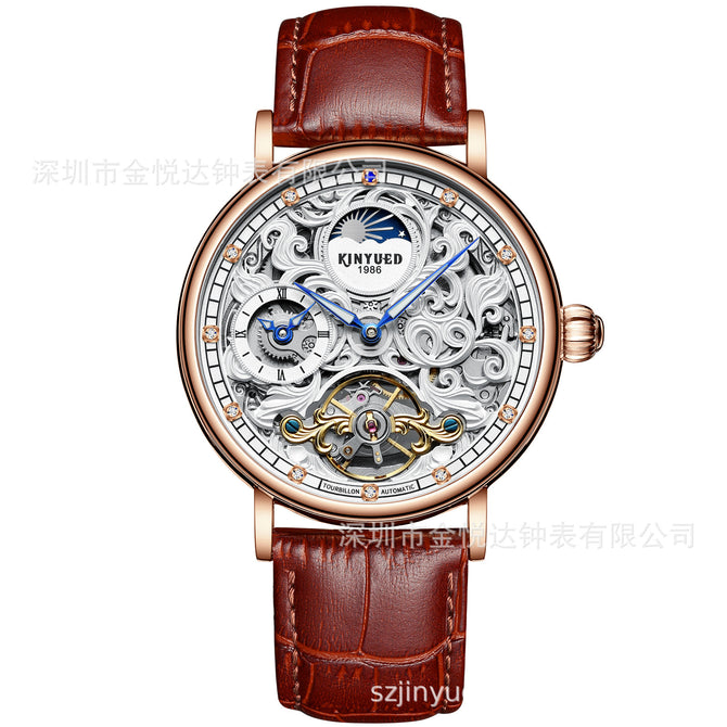KINYUED New Dual Time Zone Skeleton Luminous Automatic Mechanical Watch Men's Fashion Business Belt Mechanical Watch J078